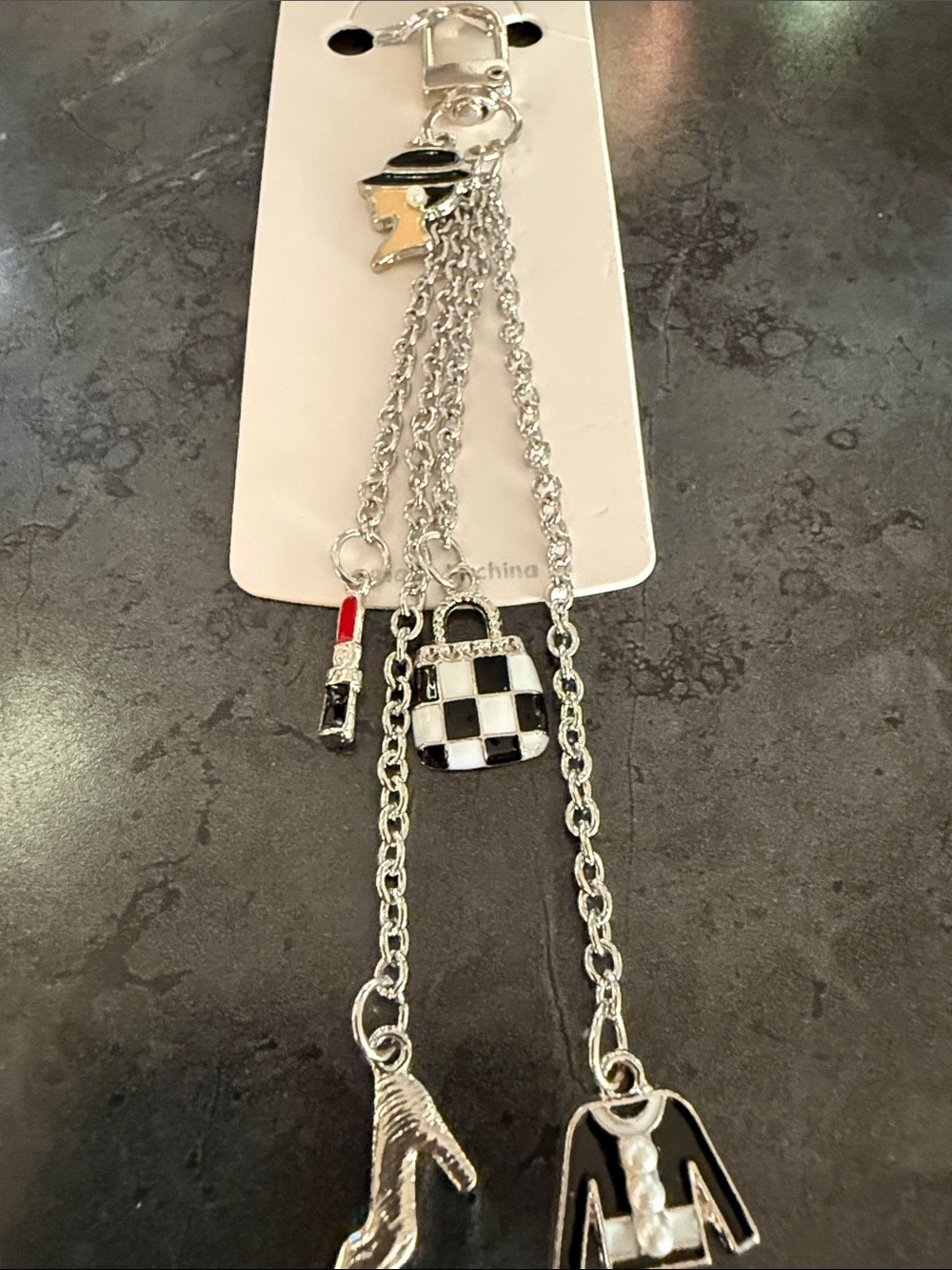 Silver Tone Women’s Fashion Charm Keychain with Black & White Accents